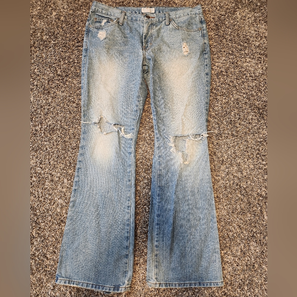American Eagle Outfitters Blue Flare Wide Leg Jeans with Distressed Details